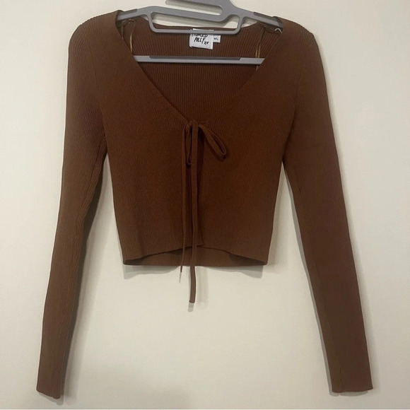 PRINCESS POLLY 90s Y2K Ribbed Front Tie Cropped Long Sleeve Cardigan - Picture 2 of 7